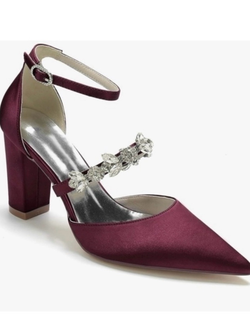 GGBLCS Burgundy Heels Satin Rhinestone 1Block Heel Pumps Pointed Toe NWT 10.5